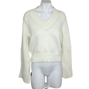 Anthropologie Bell-Sleeve V-Neck Sweater, Knit, Off White, Pullover, Size Small